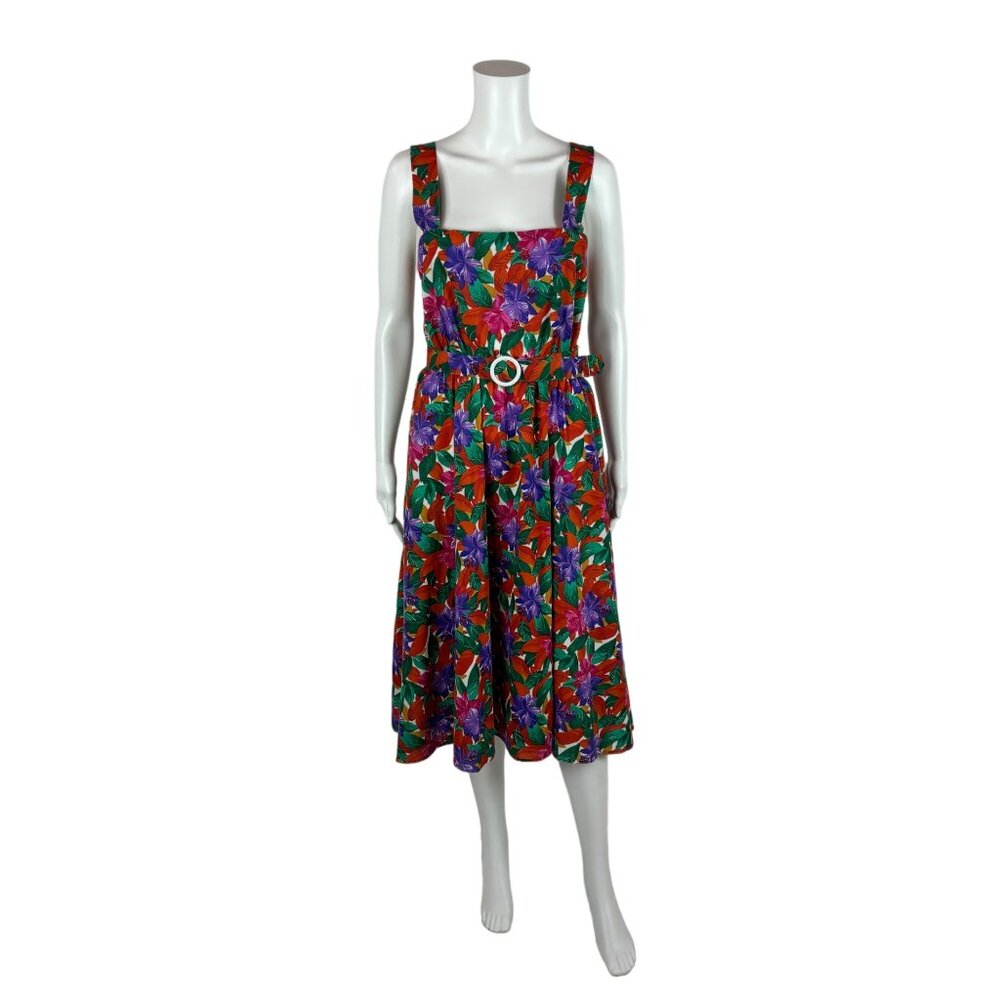 Vintage 80s Tropical Dress Women's Small Hibiscus Flower Print Belted Sundress